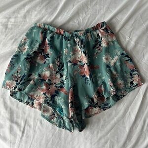 Peach Love California Floral High Waist Shorts - Teal and Pink